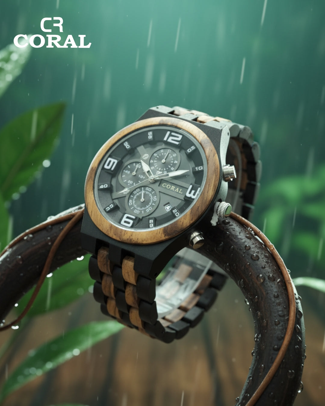 CORAL Ebony Storm – Wooden Chronograph Watch with Dual Subdials