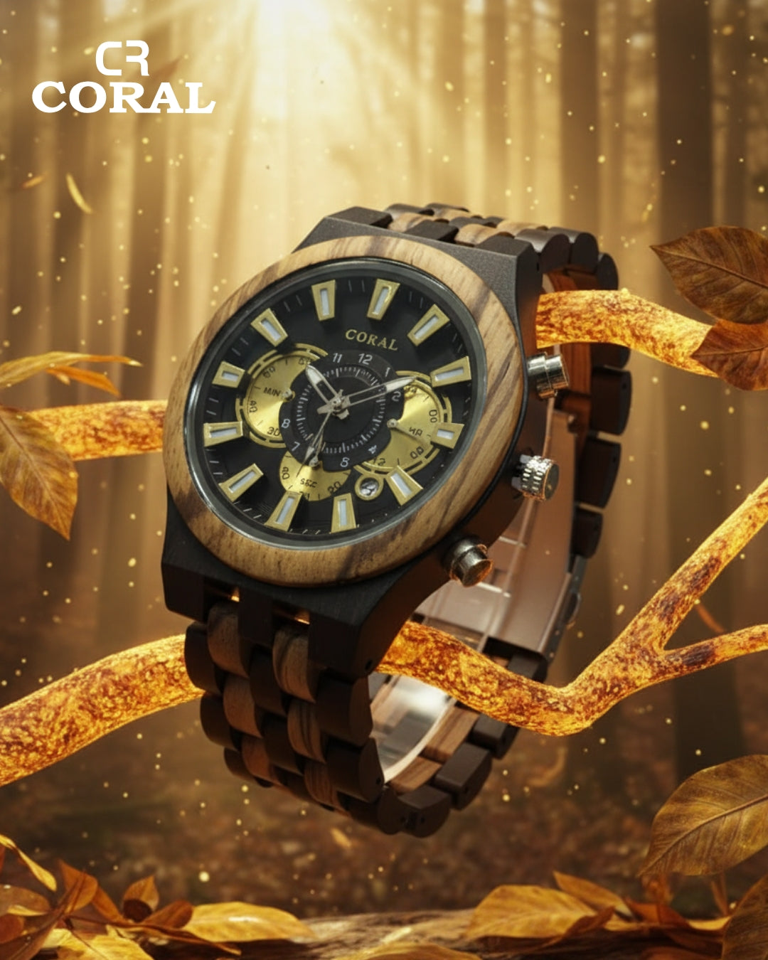 CORAL Ebony Storm – Wooden Chronograph Watch with Dual Subdials