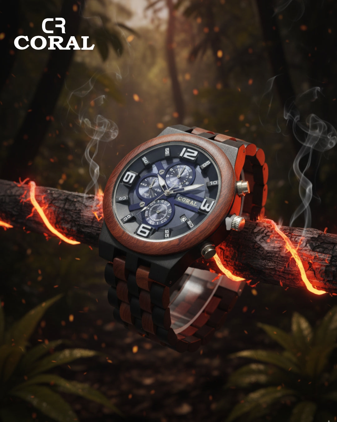 CORAL Ebony Storm – Wooden Chronograph Watch with Dual Subdials