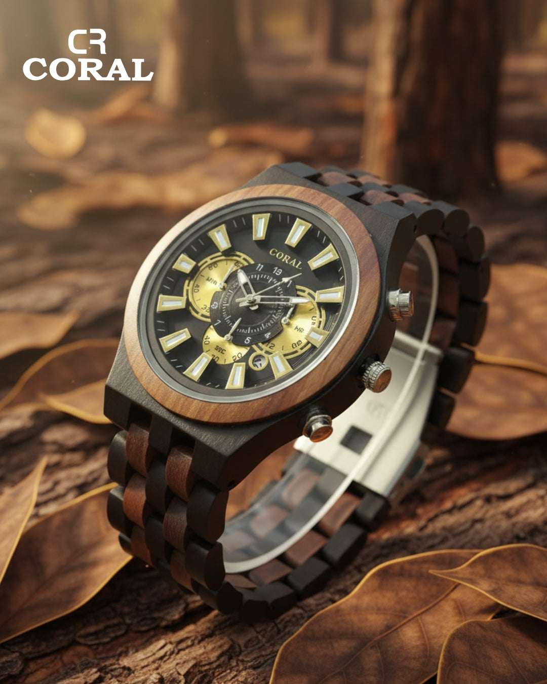 CORAL Ebony Storm – Wooden Chronograph Watch with Dual Subdials