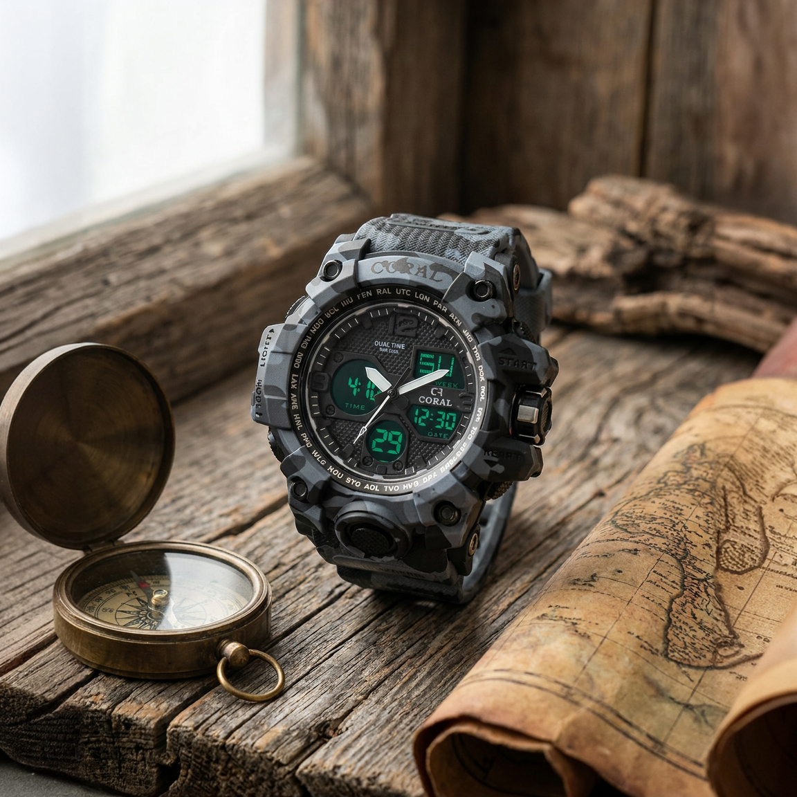 CORAL Expedition Elite – Tactical Silicon Sports Watch with Dual Display